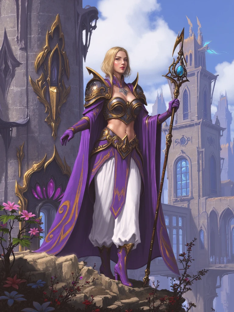 burda style illustration, grungetech, female sorceress wearing ornate cropped metal breastplate with purple hooded cloak with pauldrons, blonde hair with some streaks on shoulder, wide white pants with purple boots, golden edgs on whole outfit, she is holding ornate staff with blue crystal on top, ornate fantasy town with purple stained glass domes on top on background, <lora:SXZ_Burda_Flux:1>