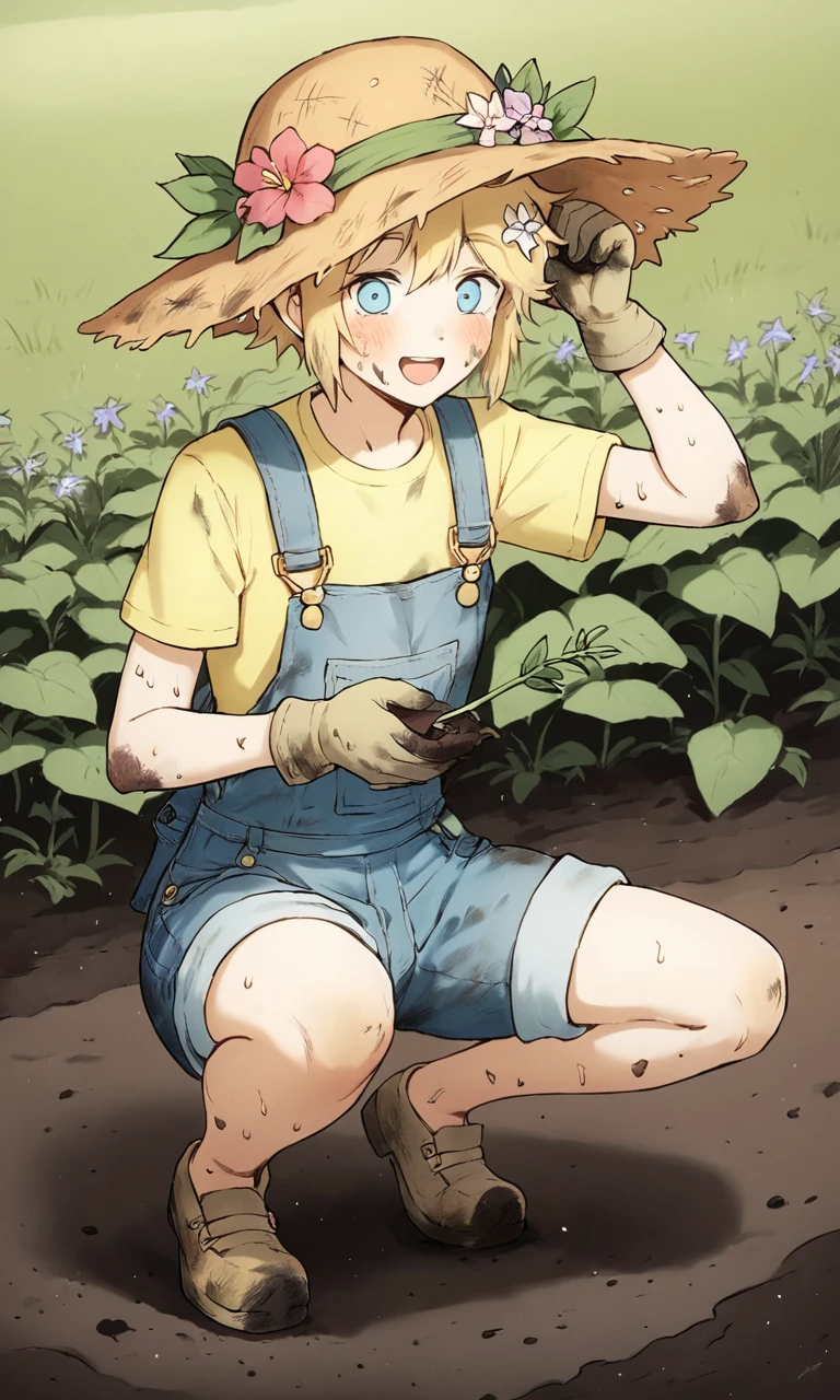 score_9, score_8_up, score_7_up, source_anime, anime illustration, masterpiece, best quality, lots of details, outdoors, BREAK
1boy, solo, 18 years old, femboy:0.1, adult, basilomori, blonde hair, blue eyes, hair flower, hair ornament, short hair, overalls, gloves, hat, dirty, smile, open mouth, yellow shirt, straw hat, hat flower, short sleeves, dirty face, dirty clothes, blush, squatting, yellow shirt, gardening, looking at viewer