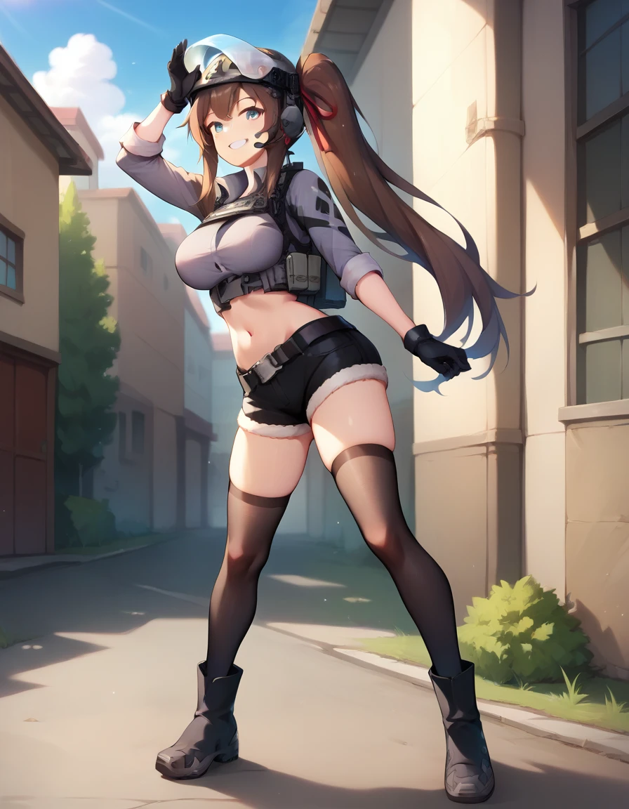 score_9,score_8_up,score_7_up,score_6_up BREAK official art,solo,outdoors,cowboy shot,looking at viewer,facing viewer,smile,female commander (girls' frontline),termichan (not-a-bot),smile,helmet,brown hair,very long hair,side ponytail,bangs,hair ribbon,blue eyes,grey shirt,large breasts,chest rig,black gloves,stomach,belt,short shorts,black shorts,fur-trimmed shorts,black thighhighs,black footwear,boots,<lora:Female Command(gf)-Pony:1.5>,<lora:Smooth Anime Style LoRA XL:0.8>,