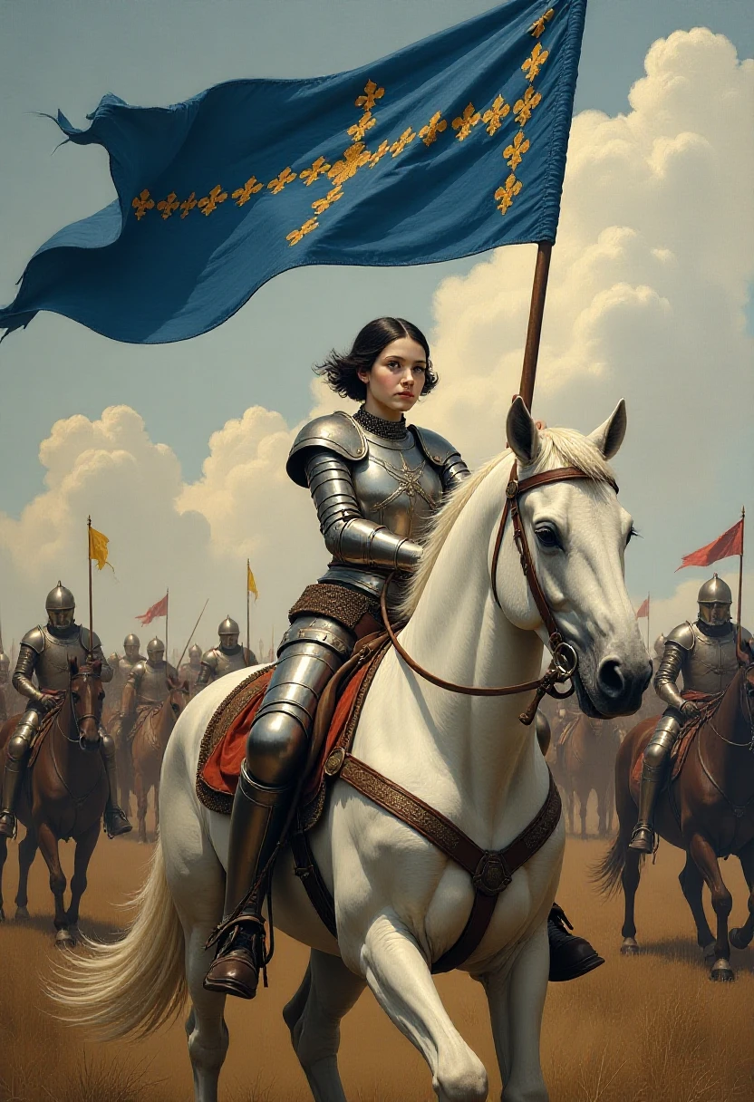 Masterpiece painting, dramatic angled-front view, , heroic painting of a beautiful girl on a medieval battlefield, short black hair, full-plate-mail armor, holding up a lance with a long and narrow blue and gold banner with hundreds of embroidered fleur-de-lis, defiance of an enemy, sitting on a large white steed,