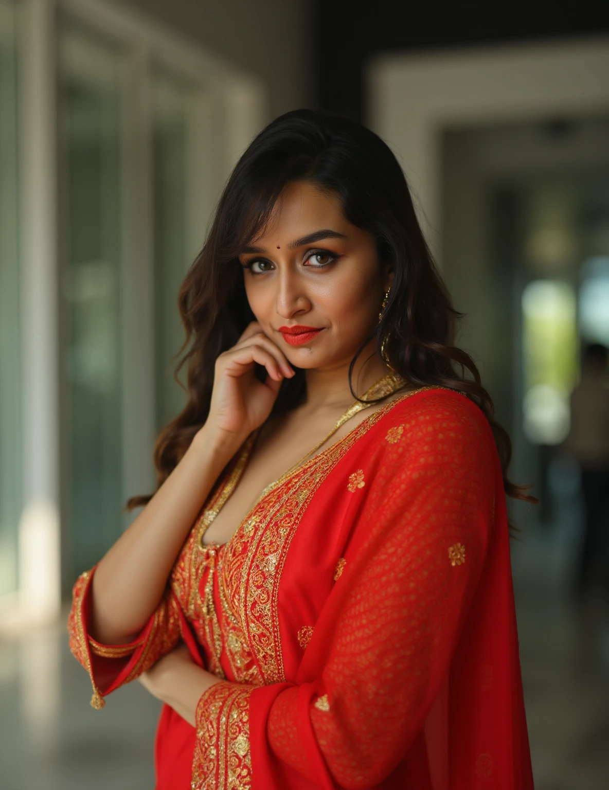 closeup of a woman shraddha poses confidently in a striking saree. Her gaze locks onto the camera with seductive intensity, as if daring onlookers to look away. The background is expertly blurred, drawing attention solely to her radiant presence. Shot in breathtaking UHD/4K resolution, realistic.