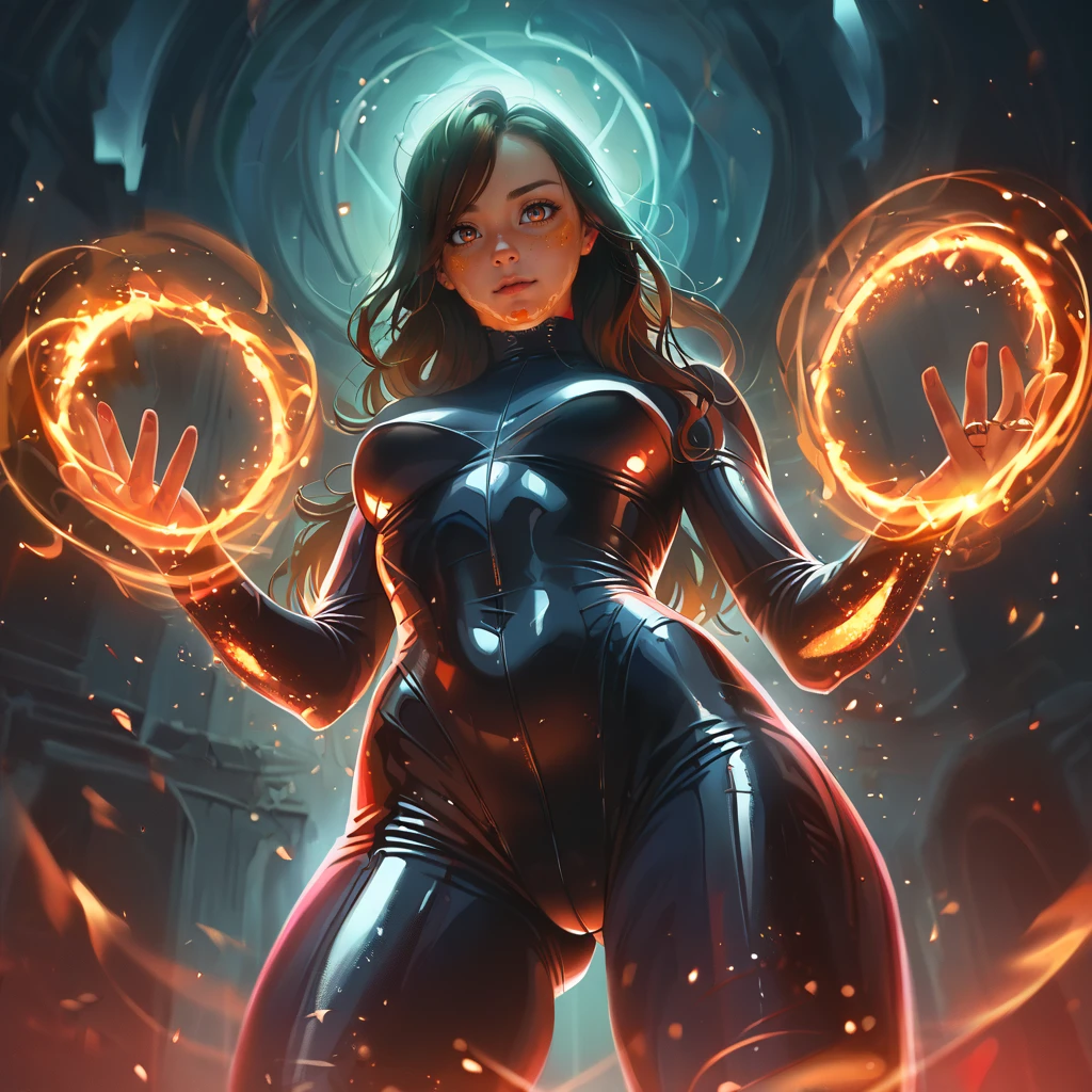 score_9, score_8_up, score_7_up, score_6_up, score_5_up, score_4_up, (Expressiveh, flushed, blushed smug smiling, Low Angle View , Bangs, cute, gymnast, magic Ethereal Heart shape skintight latex bodysuit, darkness, Ethereal wizard hat with Stars Print, blushed skin, galaxy vortex, translucent hair, freckled girl, long hair, smug Smile:1.2), (casting green Spell rings with both hands:1.2), vibrant, concept art, digital art