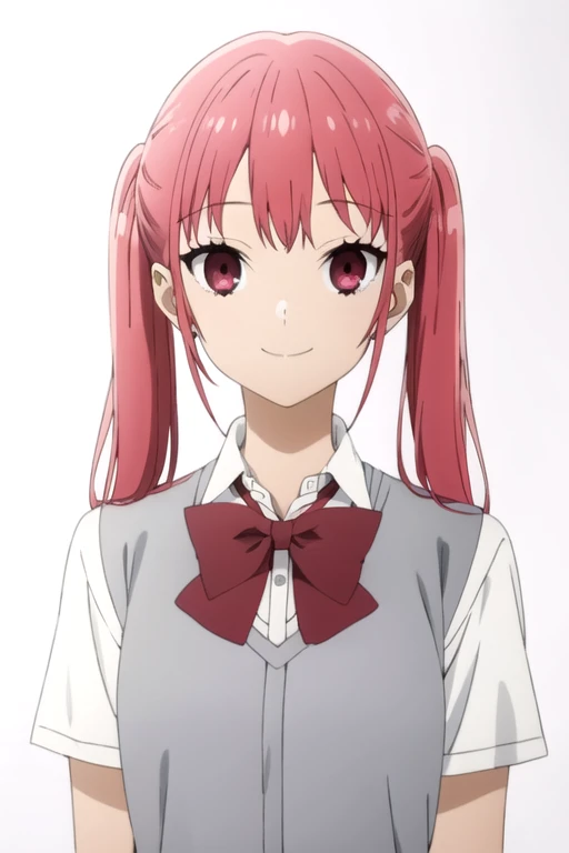 solo, 1girl, looking at viewer, 2D, anime, official style, anime coloring, anime screencap, upper body, (simple background, solid white background:1.3), <lora:remi-horimiya:0.8>, remi ayasaki, twintails, bow, school uniform, smile,