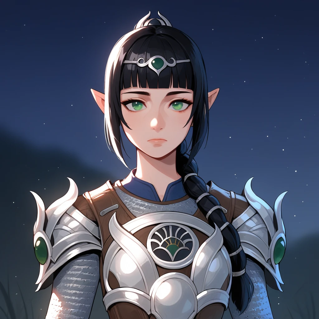 score_9_up, score_8_up, BREAK, 1girl, solo, ShadowHeart, black hair, blunt bangs, braided ponytail, green eyes, pointy ears, armor, shoulder armor, pauldrons, cowboy shot,  <lora:ShadowHeart_BG3_PXL_Leaf1:0.8>, night sky, moolight, light particles,