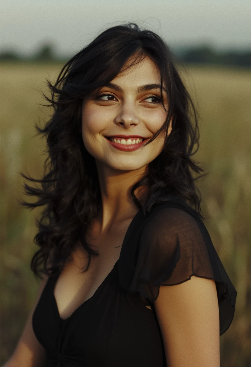 subtle grain, cinematic quality, professional portrait of a young morena baccarin, dress, makeup, long black hair, fine art photography, film still, movie scene, outdoors, smile,