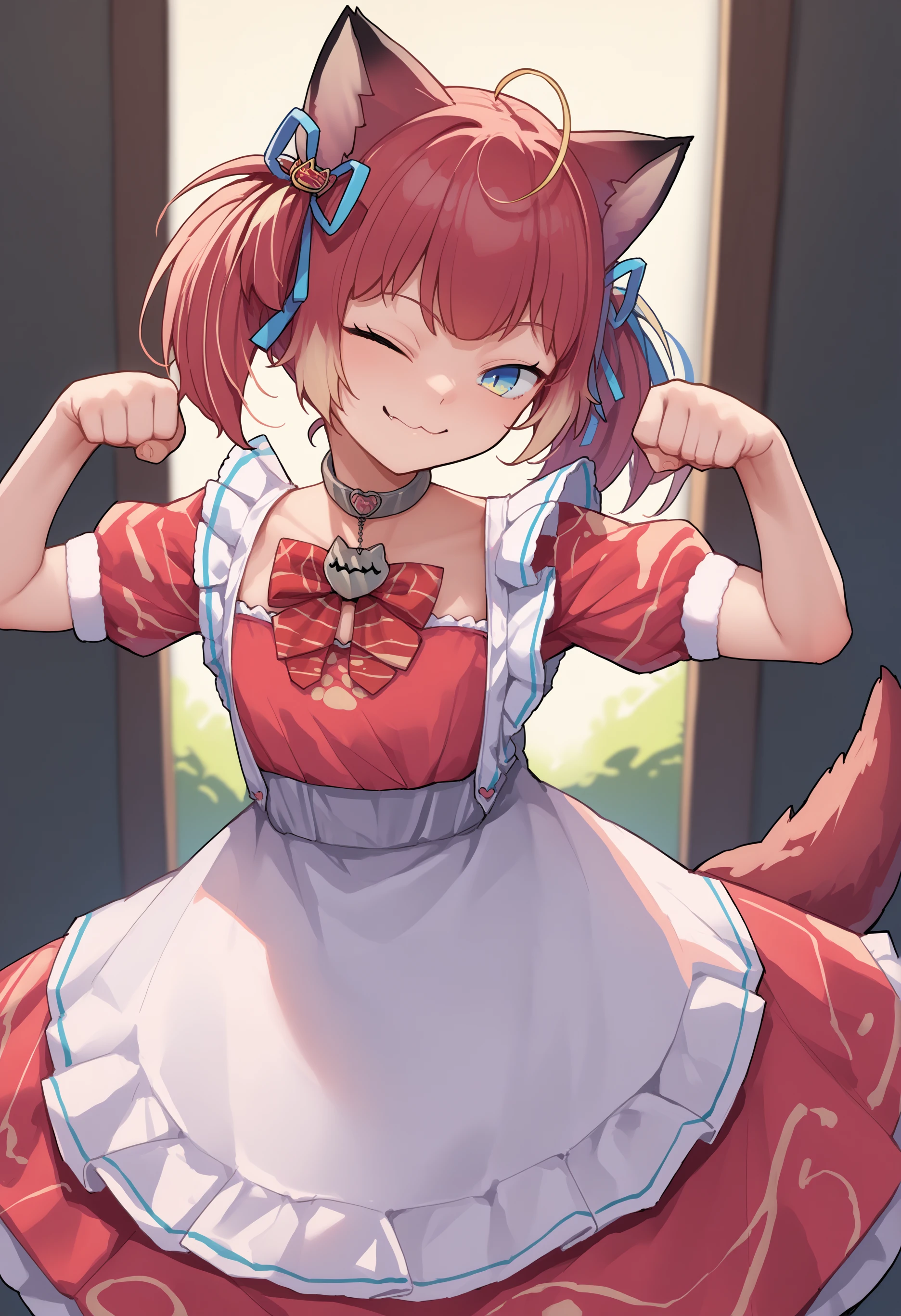 score_9, score_7_up, source_anime, uncensored, 1girl,
 <lora:spakamiKarubiXLPony:1> karubidef, blue eyes, ahoge, cat ears, animal ear fluff, tail, hair ribbon, dress, red dress, red bow, white apron, puffy short sleeves, paw pose, faint smile, wink, one eye closed