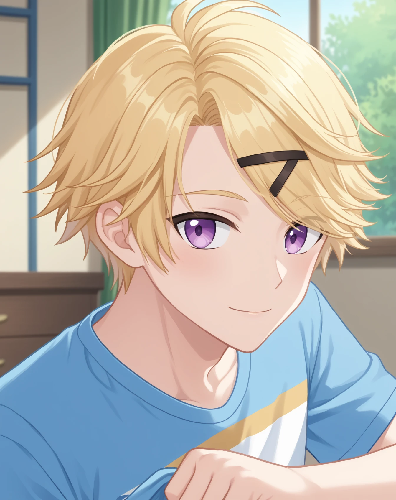 score_9, score_8_up, score_7_up, source_anime, anime screencap, depth of field, rating_safe, BREAK,
1boy, solo, yaoi, male focus,
looking at viewer, cowboy shot, facing viewer,
<lora:yoosung_kim_pony:1> yoosung_kim_pony, blonde hair, purple eyes, short hair,
indoors,