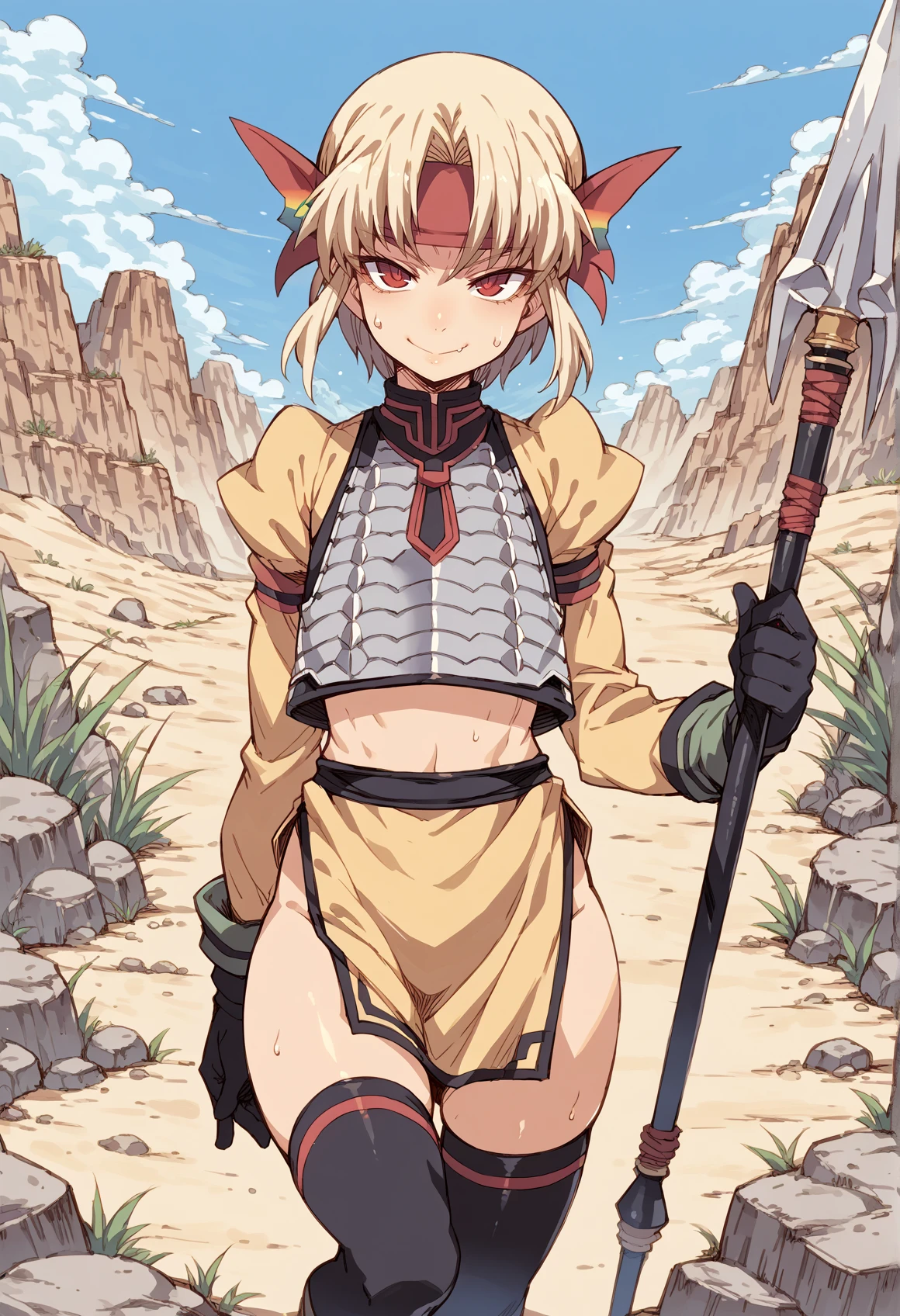 1girl, short hair, blonde hair, sidelocks, red eyes, fang, headband, hair ornament, long sleeves, gloves, body armor, pelvic curtain, thighhighs, holding polearm, spear, smile, looking at viewer, outdoors, desert, sweat <lora:Sharon_V2:1> <lora:tasaka_shinnosuke_cyocyo_2:0.8> flat chest, score_9, score_8_up, score_7_up, score_6_up, score_5_up, score_4_up, BREAK source_anime, masterpiece