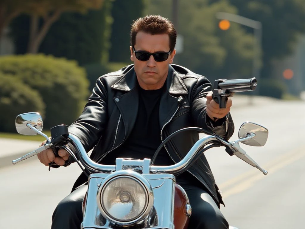 Arnold Schwarzenegger, as terminator, aiming a shotgun with one hand, a T800Arnold man riding a motorcycle on a sunny day. The man has short, slicked-back dark hair. He is wearing dark sunglasses and a black leather jacket over a black t-shirt. The jacket has a classic, vintage style with a zippered front and a collar that stands up slightly. His expression is serious and focused as he aims a shotgun with one hand, holding the handle bar with the other hand while riding the motorcycle, which is a sleek, chrome-finished model with a large front wheel and a classic design. The motorcycle has a side mirror on the left side, which reflects part of the man’s face and the surrounding environment. The background features a blurred image of a suburban street with greenery, including trees and bushes, suggesting a residential area. The road is asphalt, with visible lane lines and a yellow traffic light in the distance. The overall color palette of the image is dominated by earth tones and metallic shades, with the man's leather jacket and motorcycle reflecting light, creating a glossy texture. The photograph captures a moment of motion, with the blurred background emphasizing the man's forward momentum. <lora:T800Arnold_Flux_r1:1>, <lora:Dever_Flux_Enhancer:0.5>, <lora:flux_realism_lora:1>, <lora:Hyper-FLUX.1-dev-8steps-lora:0.125>