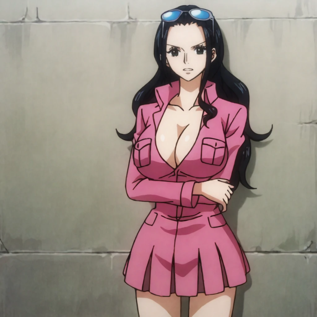 <lora:NicoRobinOnePiece_pony_v1:.75>NicoRobinPinkSuit, 1girl, large breasts, eyewear on head, black hair, cleavage, long hair, sunglasses, skirt, shirt, black eyes