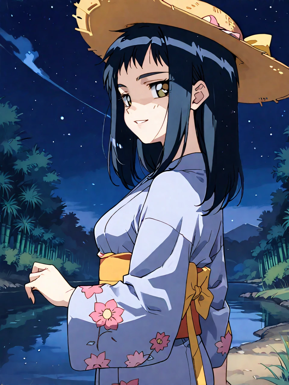 score_9, score_8_up, score_7_up, source_anime, traditional media, 1990s \(style\), retro artstyle, megami magazine, high res image, cute face, clear skin, shiny hair, ultra detailed eyes, rating:safe, 1girl, solo, shimabara yuuhi, blue black hair, blunt bangs, jagged cowlick, long locks, thick eyebrows, sharp yellow eyes, mediam breasts, parted lips, smile, (from side, cowboy shot, long shot:1.5), dutch angle, big yellow straw hat, (floral pattern) purple yukata, kimono, obi, japanese clothes, outdoors, River, (night, night sky, star \(sky\), starry sky, milky way:1.5), Bamboo grass, strip of paper, many many strip of paper, Tanabata festival,<lora:pony_bad_aio:-1><lora:StS_age_slider_v1_initial_release:1><lora:shimabara_yuuhi_neo_ranga_Pony_lora-weights-000037:0.8>