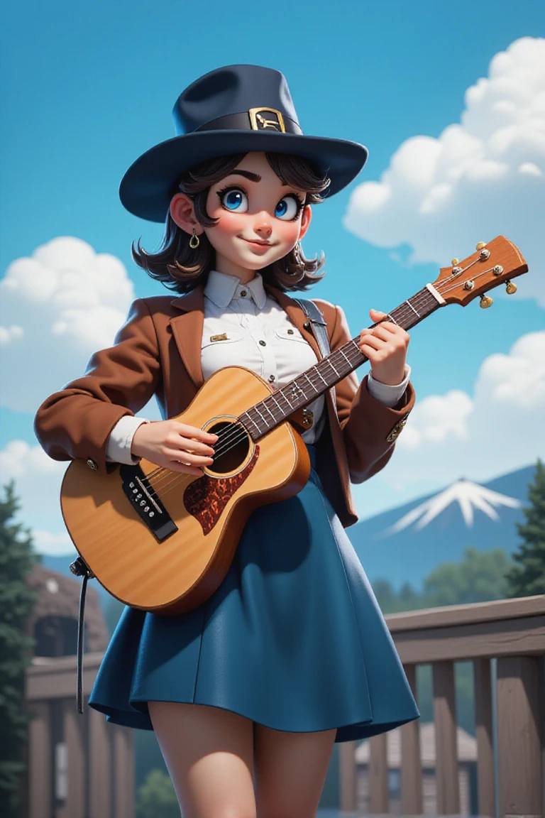 A blender rendering artwork
a digital painting of a woman with brown hair
a black top hat
and a blue bow tie
is standing on a balcony
holding a brown electric guitar in her hands. She is dressed in a long-sleeved brown jacket
a white button-down shirt
a blue skirt
and black rimmed glasses. The guitar she is holding is adorned with a variety of buttons and knobs
adding a pop of color to the scene. The backdrop of the scene is a vibrant blue
with a mountain range in the distance. The sky is dotted with a few wispy clouds.