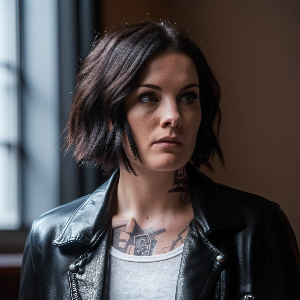 Best_QualityPos, RAW photo, intricate details, best quality, 8k hdr, soft lighting, 1girl, solo, blindjane, black hair, short hair, brown eyes, black leather jacket, long sleeves, white shirt, tattoo, expressionless <lora:Jane_Doe:0.7>