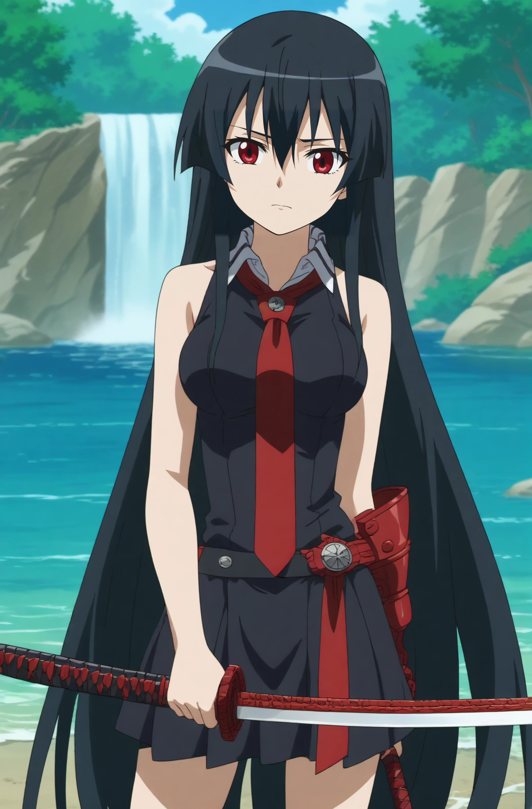 akame,anime screencap,1girl,solo,long hair,necktie,sleeveless,red necktie,bare shoulders,hime cut,very long hair,outdoors,nature,water,cascade,holding katana,weapon,breasts <lora:Akame.safetensors:0.8>