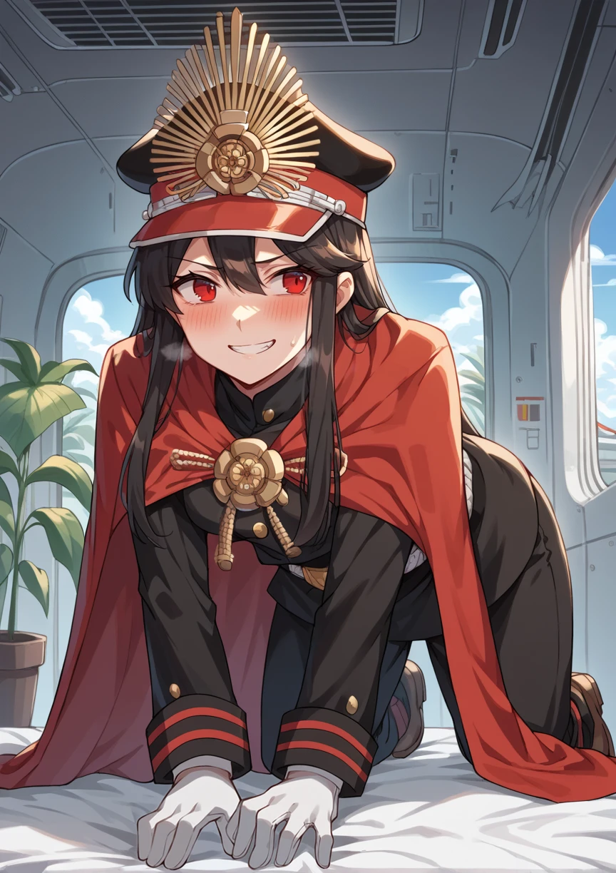 1girl, long hair, black hair, red eyes, peaked cap, military uniform, cape, jewelry, white gloves, evil smile, heavy breathing, indoors, all fours, spacecraft interior, bed, plant, blush, looking to the viewer <lora:Nobunaga:1>, score_9, score_8_up, score_7_up, score_6_up, score_5_up, score_4_up, BREAK source_anime, masterpiece