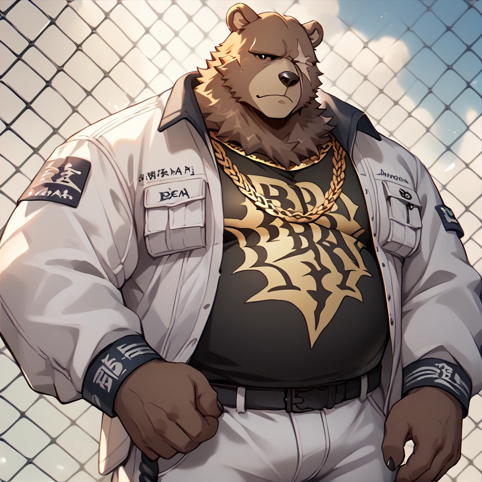 score_9, score_8_up, score_7_up <lora:Ben_Bigger:0.9> ben bigger, bear boy, scar on eye, 1boy, solo, bara, belly, white jacket, white pants, gold chain