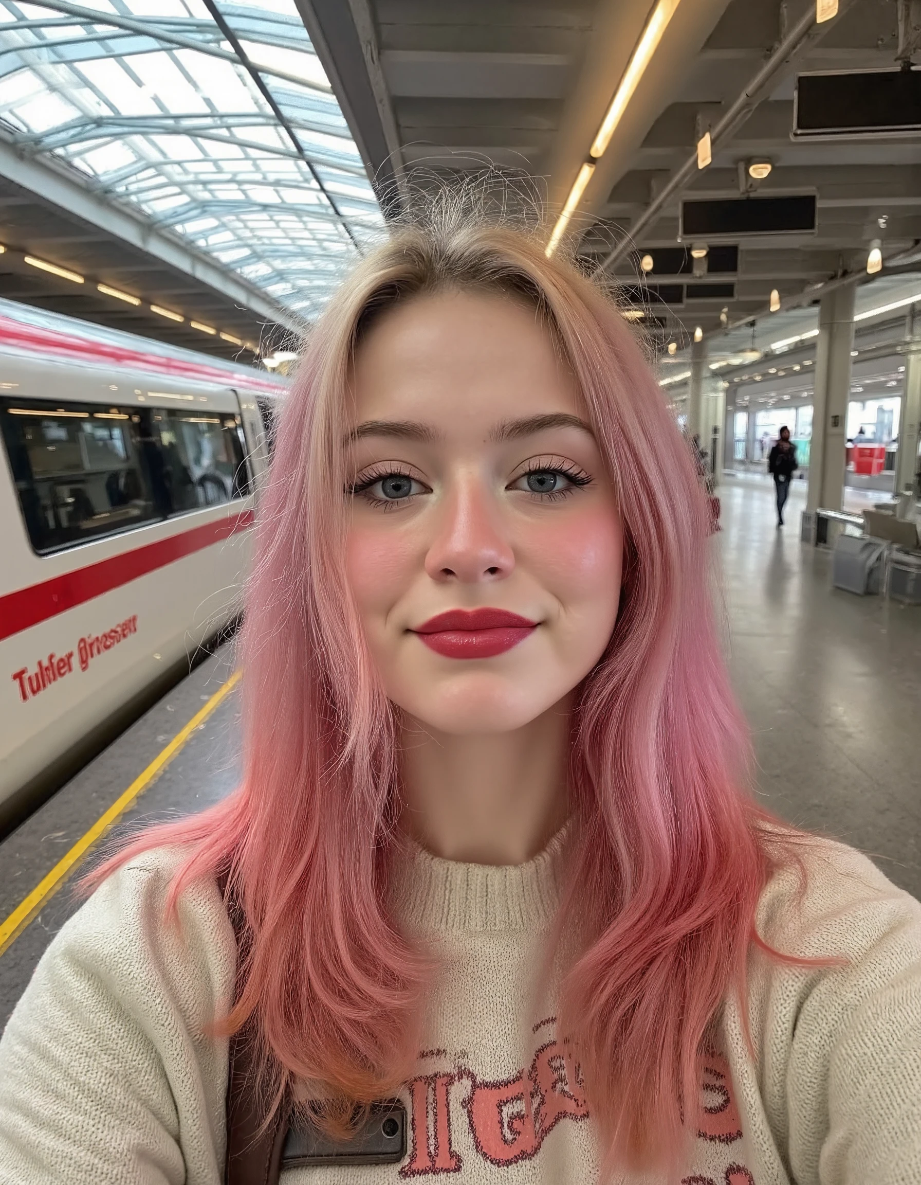 Photo of a woman with pink hair, standing at a train station. Looking at the camera, smiling. <lora:Aesthetic_Amateur_Photo_V4:1.1>