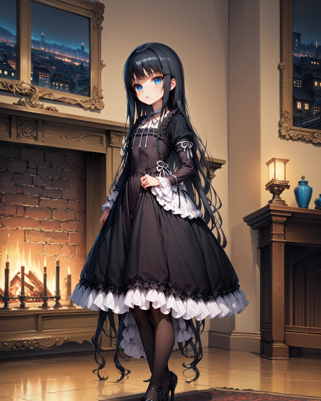 castle,night,indoor,dark,couch,fireplace,
1girl,solo,long hair,blue eyes,black hair,very long hair,
long sleeves,ribbon,pantyhose,frills,puffy sleeves,black dress,black pantyhose,neck ribbon,frilled dress,juliet sleeves,white ribbon,
standing,<lora:Natsuki_Minamiya(Strike The Blood):1>,
