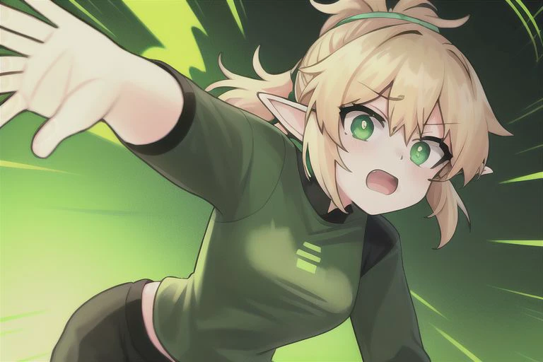 solo, {{Blonde}}, {{ponytail hair}}, {elf ears}, girl, {green eyes}, {green t-shirt,cammo pants},{soft light},{high saturation}, night neon city