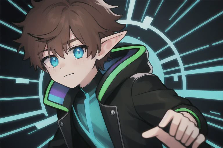 solo, 1boy, {{brown hair}}, {elf ears}, {green eyes}, {white t-shirt, blue jacket, black pants},{purple soft light},{high saturation}, {{neon city background}}, cyberpunk background, cyberpunk city