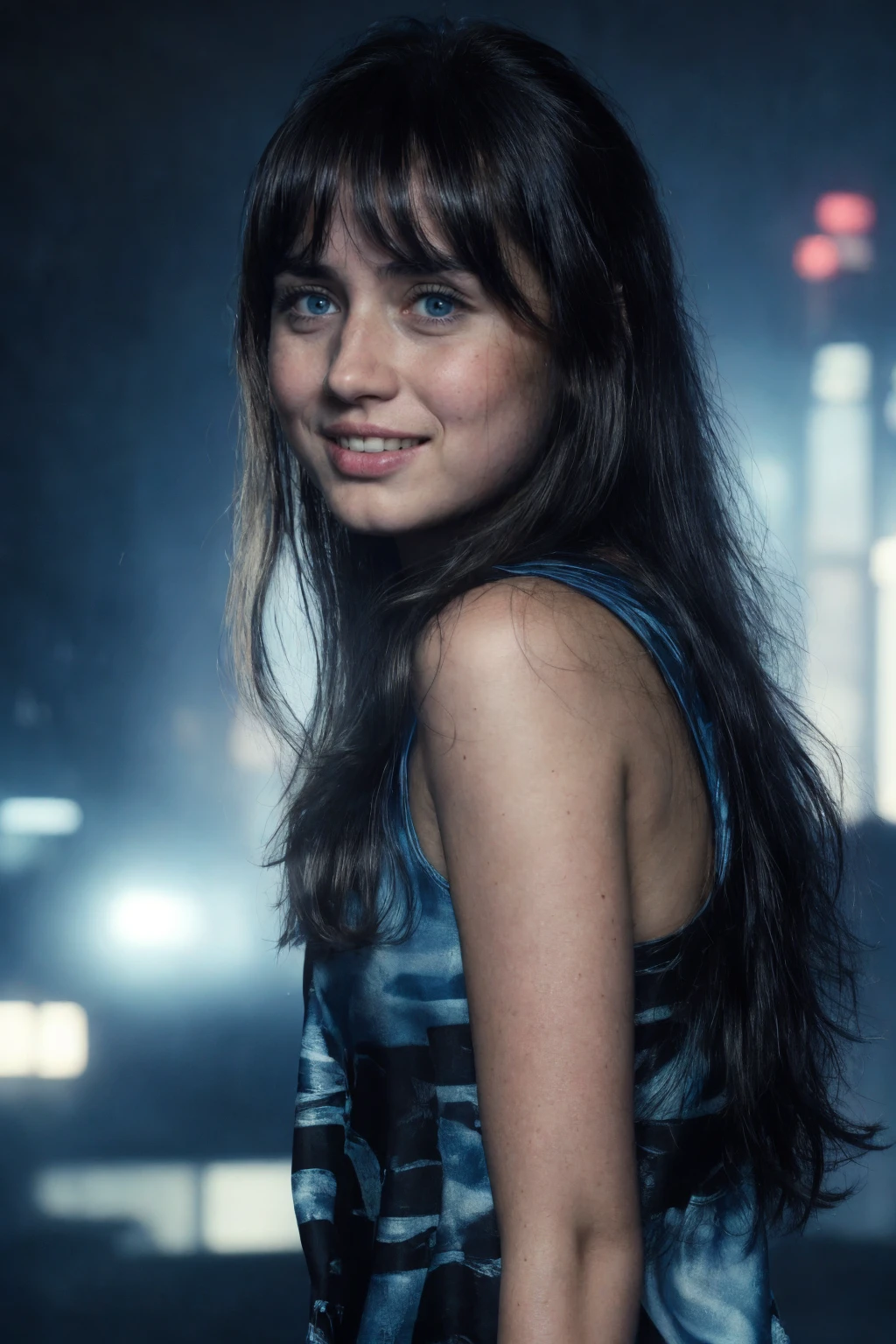 1girl, real photo, cinematic style portrait, black background, rim lighting, wearing blue dress, rainy night, wet long hair, smiling, looking at viewer
 <lora:joi_br2049_lora_v02:1> joi