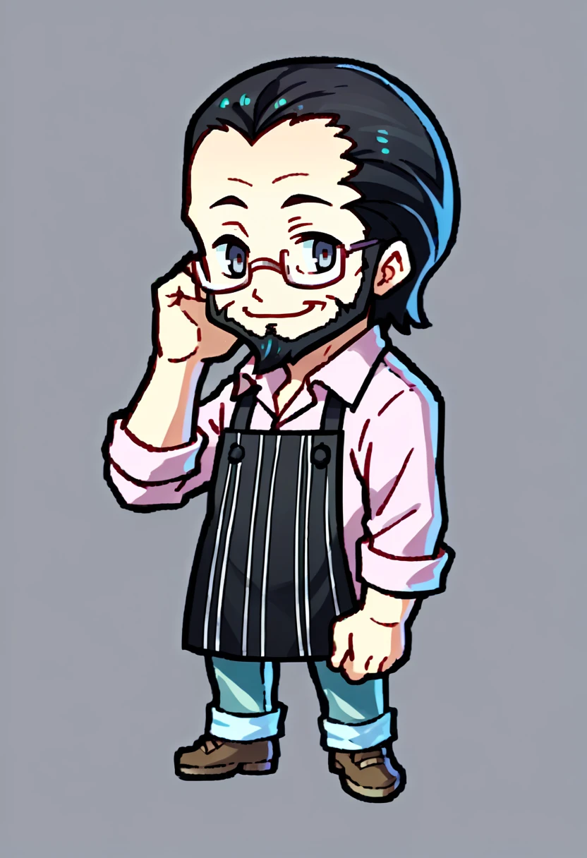 score_9, score_8_up, score_7_up, source_anime, BREAK, solo, 1boy, smile,  <lora:Sojiro-pdxl_Fp:1>, sojiro, short hair, black hair, beard, grey eyes, glasses, collared shirt, pink shirt, black apron, pants, <lora:Feh-Sprites-pdxl_Fp:1>, simple background, chibi, full body,