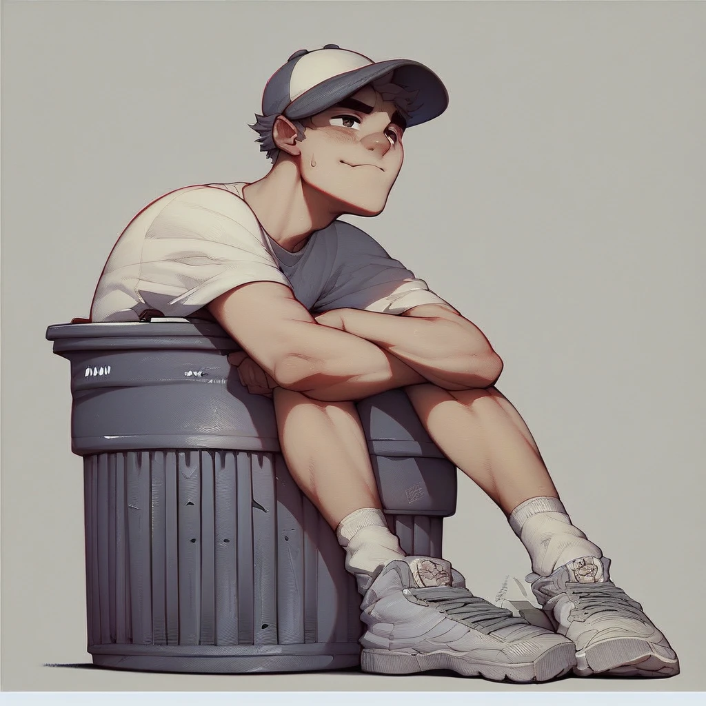 score_9, score_8_up, score_7_up, score_6_up, score_5_up, score_4_up, source_anime, traditional art, line art, rating_safe, zPDXL Character inside a Trashcan, Sitting in trashcan, 1boy, boy in trashcan, character in trashcan