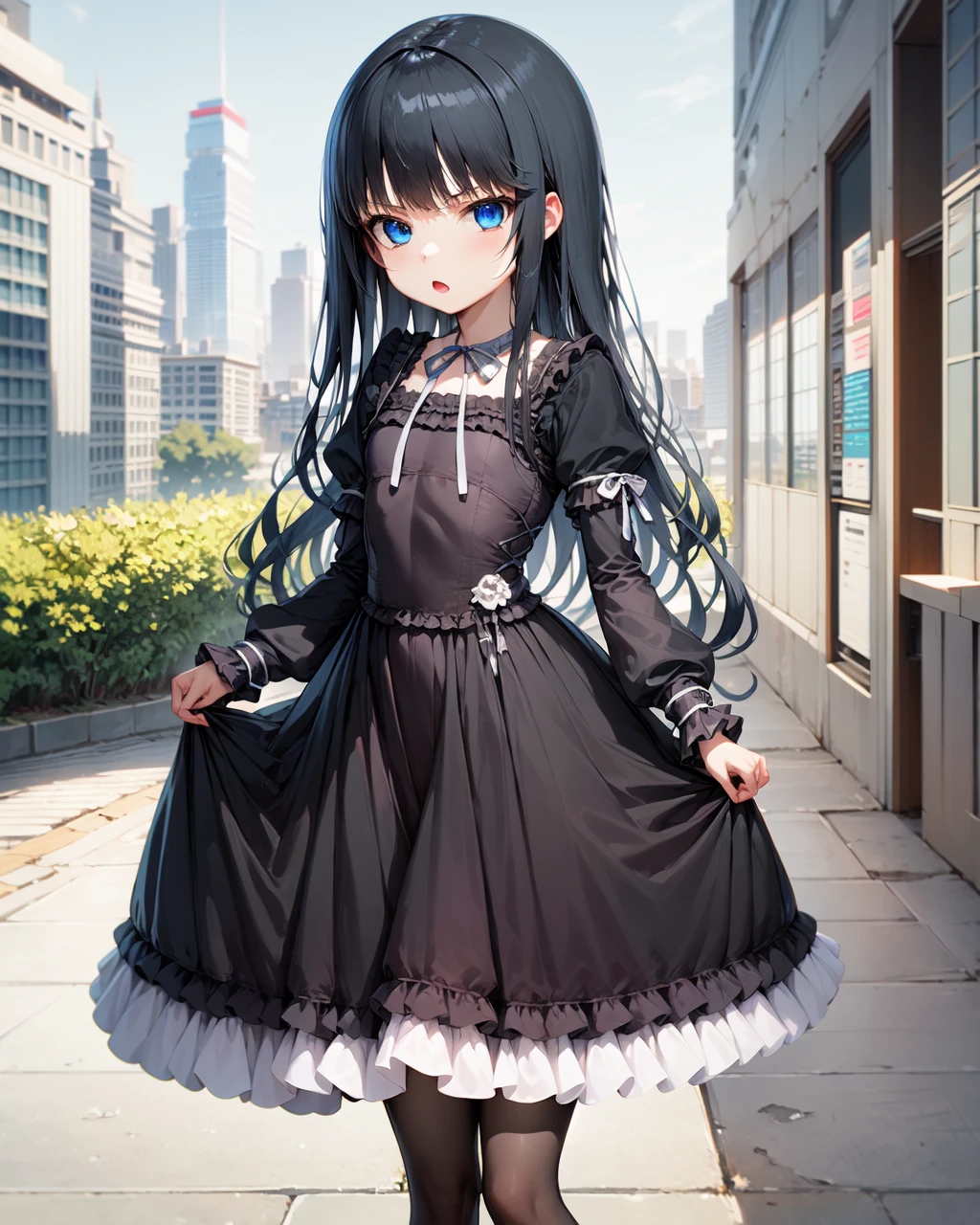 city,
1girl,solo,long hair,blue eyes,black hair,very long hair,
long sleeves,dress,ribbon,pantyhose,frills,puffy sleeves,black dress,black pantyhose,neck ribbon,frilled dress,juliet sleeves,white ribbon,skirt hold,
standing,<lora:Natsuki_Minamiya(Strike The Blood):1>,