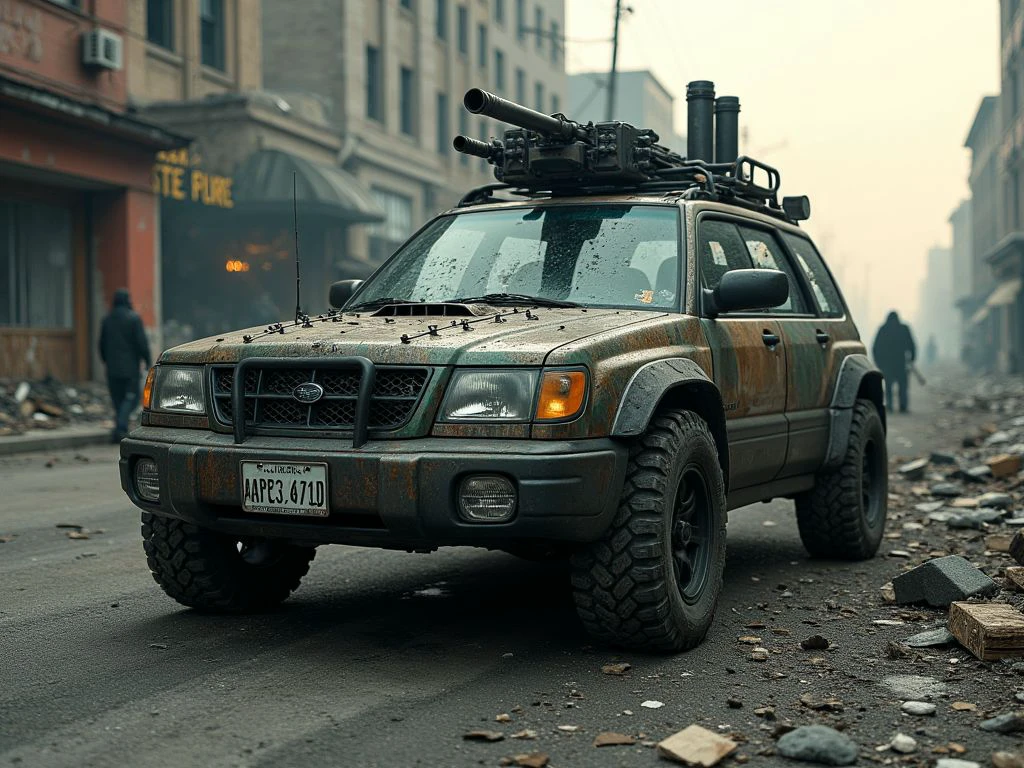 2000Subaru, A gritty, wide-angle shot presents a heavily modified 2000 Subaru Forester as the ultimate zombie apocalypse survival vehicle. The once-sleek body is now a menacing amalgamation of armor plates, sporting a patchwork of its original military camo and rusty metal sheets. The windows are reinforced with steel mesh, and the headlights are protected by metal grilles. A massive bull bar with spike strips dominates the front, while the roof supports a 360-degree pivoting machine gun turret. Oversized, spiked off-road tires grip the debris-strewn street of an abandoned city. The car's sides are adorned with make-shift weaponry and scavenged supplies. A pair of exhaust stacks rise behind the cabin, belching black smoke. The scene is set in a hazy, red-tinged dusk, with burning buildings in the background and shadowy figures approaching in the distance. This image embodies the fierce determination to survive in a hostile, post-apocalyptic world. <lora:2000SubaruForester_Flux_r1:1>