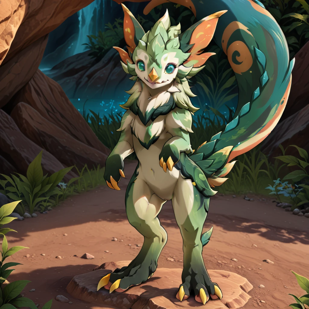 <lora:Yumkasaurus_Genshin-03:1>
Yumkasaurus, Genshin Inpact, front view, detailed background, feral, large tail, fluffy, short hands, reptile feet, paw pads, green body, ((pointy nose, 4 toes)), standing on hind legs