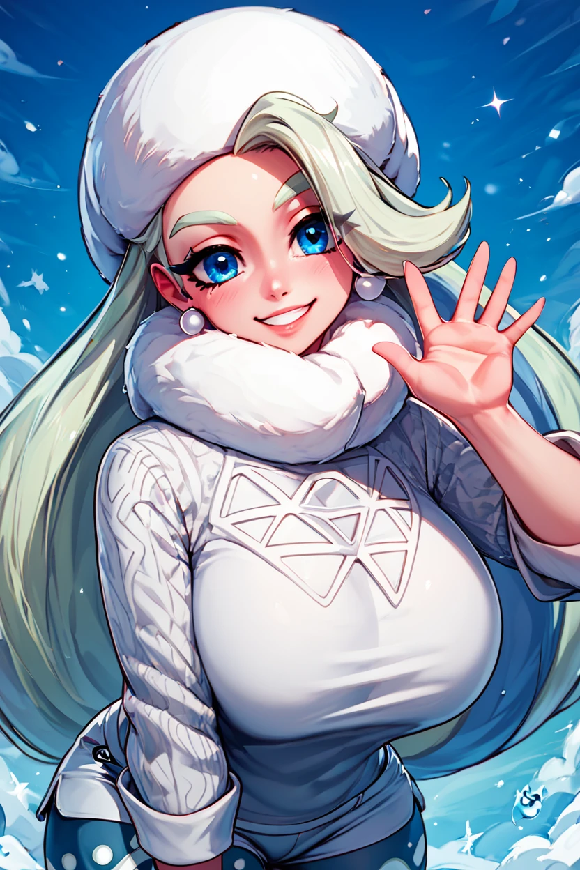 score_9, score_8_up, score_8, medium breasts, (curvy), cute, eyelashes,       BREAK, , zzMelony, blue eyes, white hair, long hair, huge breasts,  fur hat, white scarf, white sweater, white shorts, leggings, white boots,  <lora:Melony_Pokemon_PDXL_Citron:0.8>, , BREAK, looking at viewer,  smile, waving, upper body, leaning forward, head tilt,  embedding:zPDXL, Expressiveh, <lora:CatalystStylePDXL:0.6>,  <lora:SDXLFaeTastic2400:0.5>,  <lora:Expressive_H-000001:0.4>,