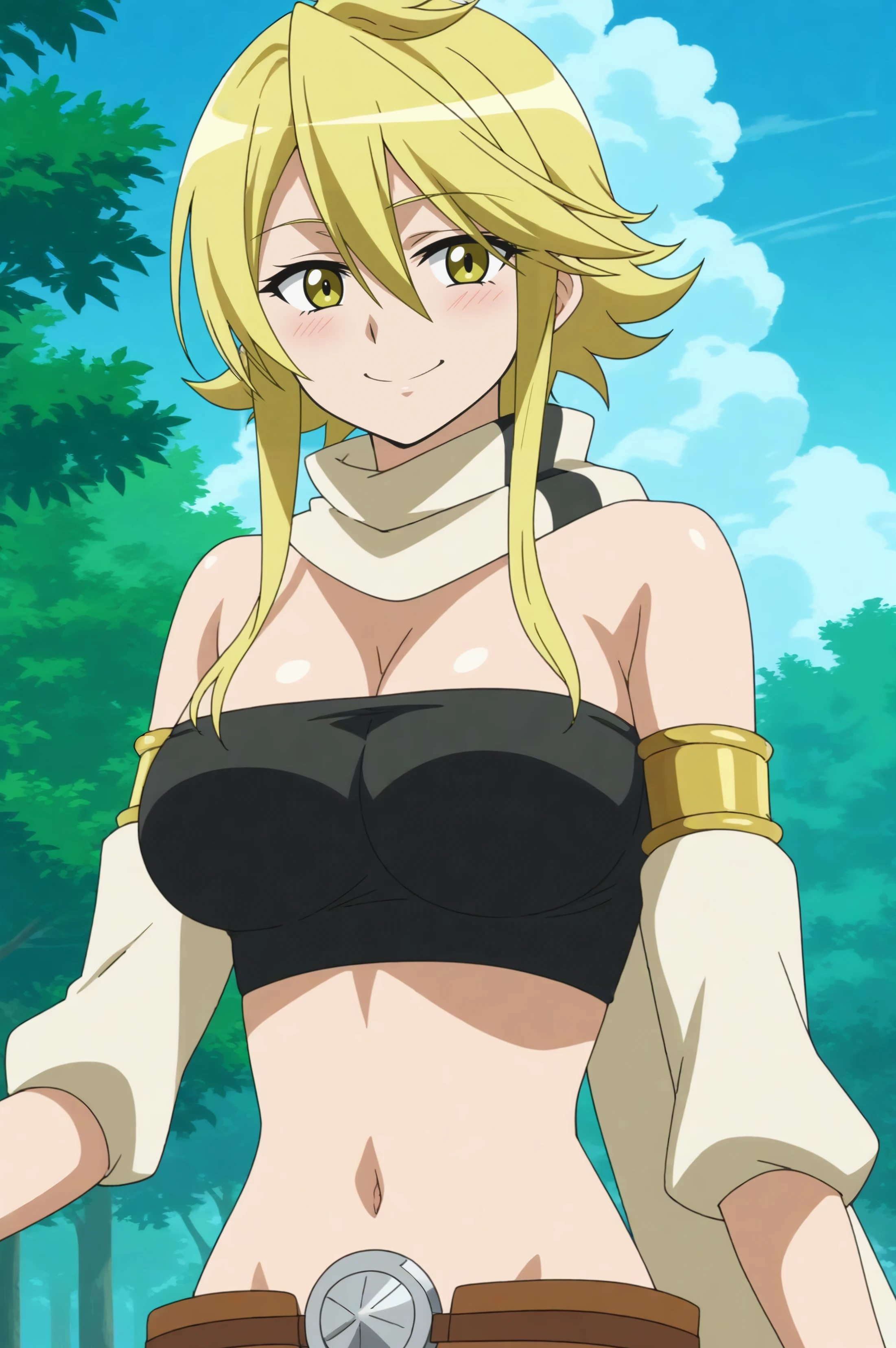 leone,anime screencap,1girl,mature,solo,breasts,cleavage,smile,yellow eyes,scarf,sidelocks,bare shoulders,hair between eyes,looking at viewer,midriff,navel,sky,forest <lora:Leone.safetensors:0.8>