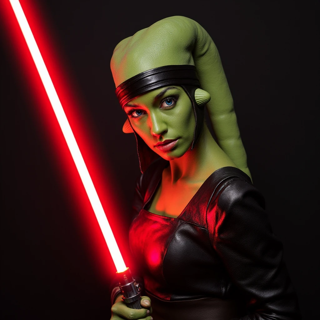 blue eyed Twi'lek girl with green skin holding a red lightsaber