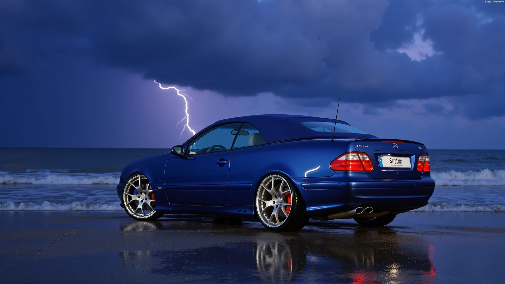 a Photo of a 1999 Mercedes-Benz CLK A208 Convertible,(black interiour:1.2),blue metallic,(porsche cup rims:1.2),at a stormy beach,lightning in background ,florida,sunset,dramatic camera angle, <lora:CLK A208:1>