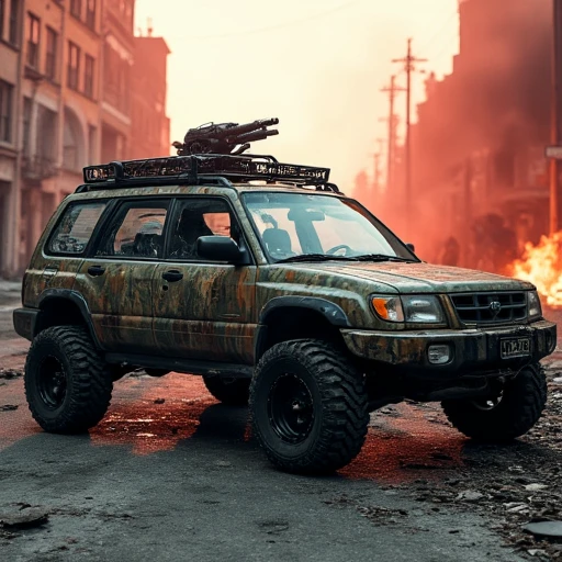 A gritty, wide-angle shot presents a heavily modified 2000 Subaru Forester as the ultimate zombie apocalypse survival vehicle. The once-sleek body is now a menacing amalgamation of armor plates, sporting a patchwork of its original woodland camo and rusty metal sheets. The windows are reinforced with steel mesh, and the headlights are protected by metal grilles. A massive bull bar with spike strips dominates the front, while the roof supports a 360-degree pivoting machine gun turret. Oversized, spiked off-road tires grip the debris-strewn street of an abandoned city. The car's sides are adorned with make-shift weaponry and scavenged supplies. A pair of exhaust stacks rise behind the cabin, belching black smoke. The scene is set in a hazy, red-tinged dusk, with burning buildings in the background and shadowy figures approaching in the distance. This image embodies the fierce determination to survive in a hostile, post-apocalyptic world.