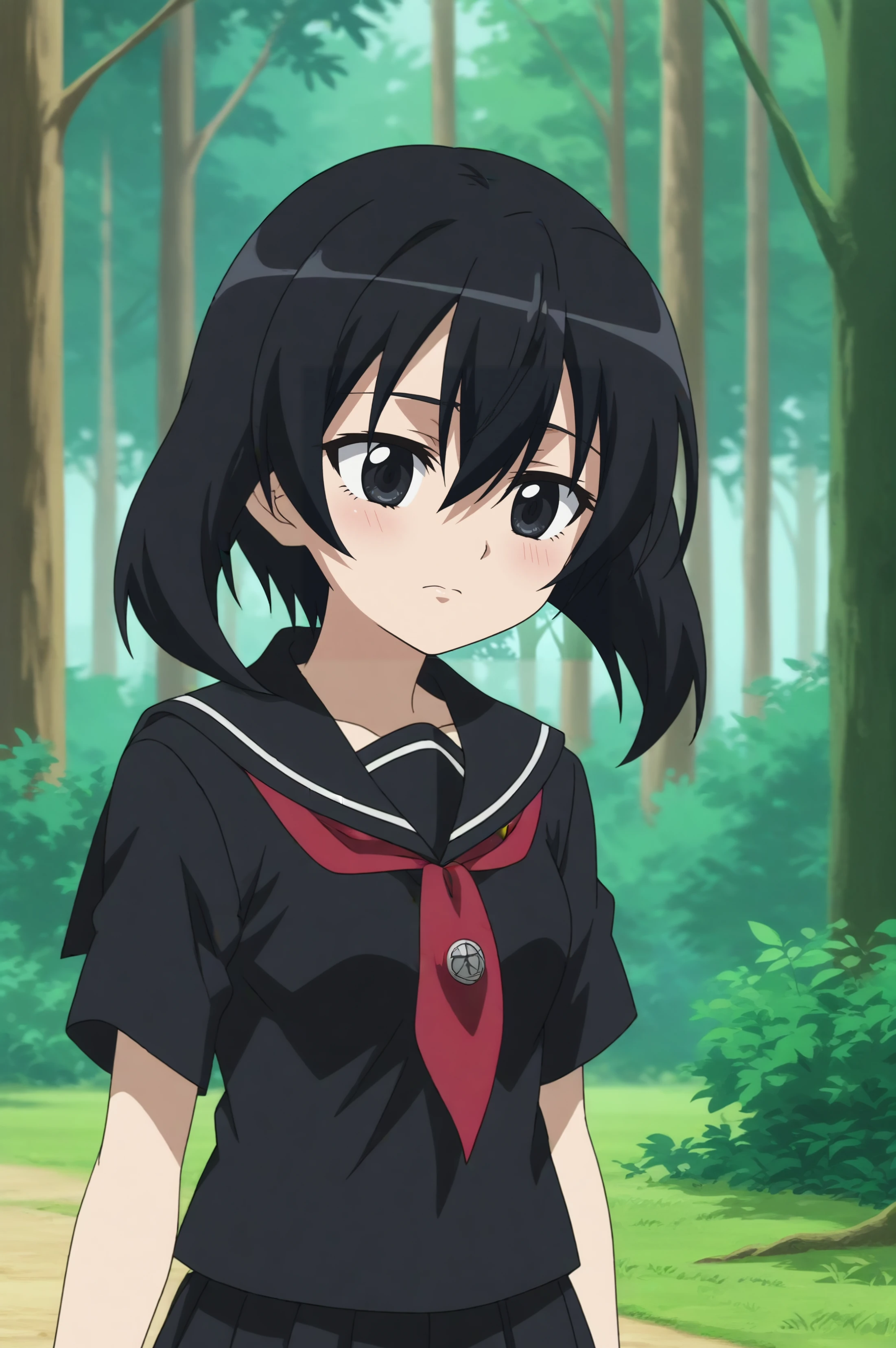 kurome,anime screencap,1girl,solo,school uniform,serafuku,black serafuku,short hair,skirt,outdoors,dark forest,hair between eyes,pantyhose <lora:Kurome.safetensors:0.8>