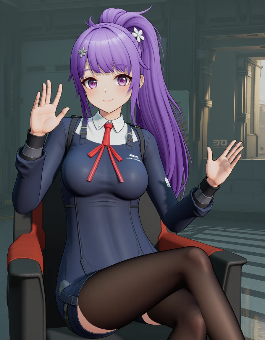 gf2style <lora:GF2style-000008:1>
one long purple ponytail hair girl has purple eyes, she is wearing black pantyhose without shoes, she is sitting on chair and waving hands to viewer,