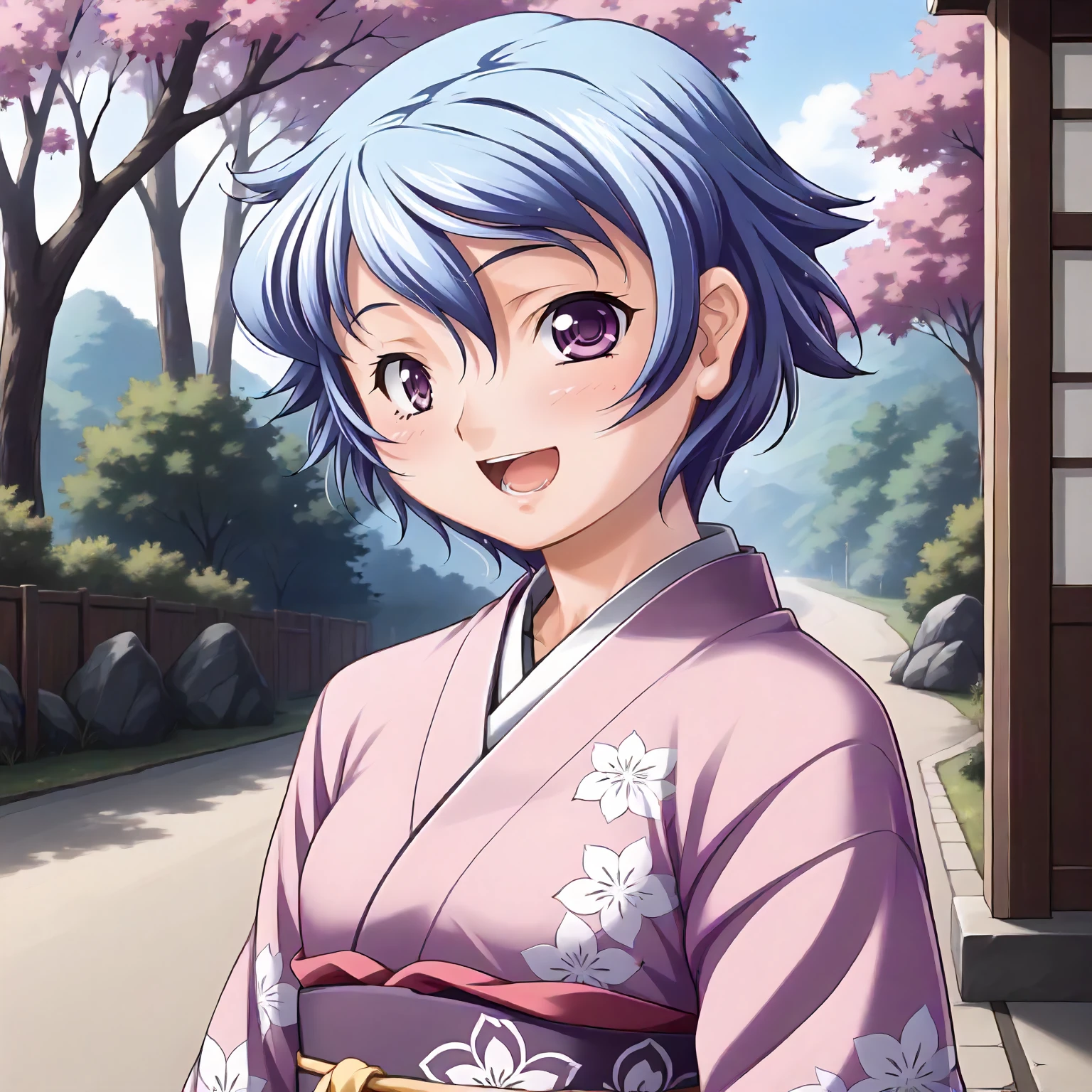 <lora:SDG_AkaneSakurazawaXLpony002:0.9>,
outdoors,nature,
smile,open mouth,
solo,
AkaneSakurazawa,1girl,blue hair,short hair,purple eyes,
print_kimono,