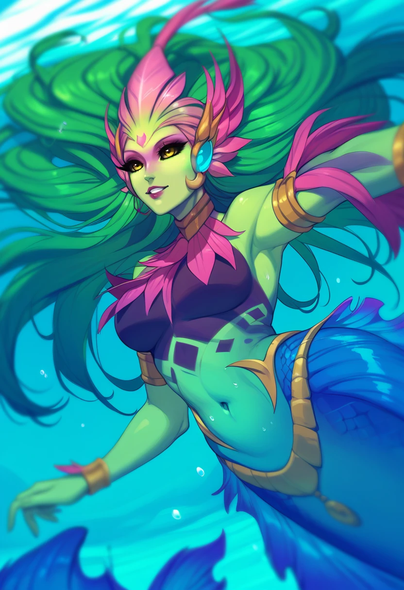 score_9, score_8_up, score_7_up, score_6_up, riv3rspiritn4mi, 1girl, monster girl, mermaid, green skin, colored skin, navel, yellow eyes, long hair, green hair, jewelry, scales, armlet , <lora:River_Spirit_Nami_v2:0.8>, underwater, sunny, rock, looking down, from below, upper body