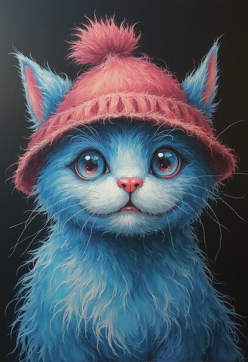 a very soft and fluffy blurry colorful chalk drawing of a (soft chalk cat face) wearing a hat, on a chalk board