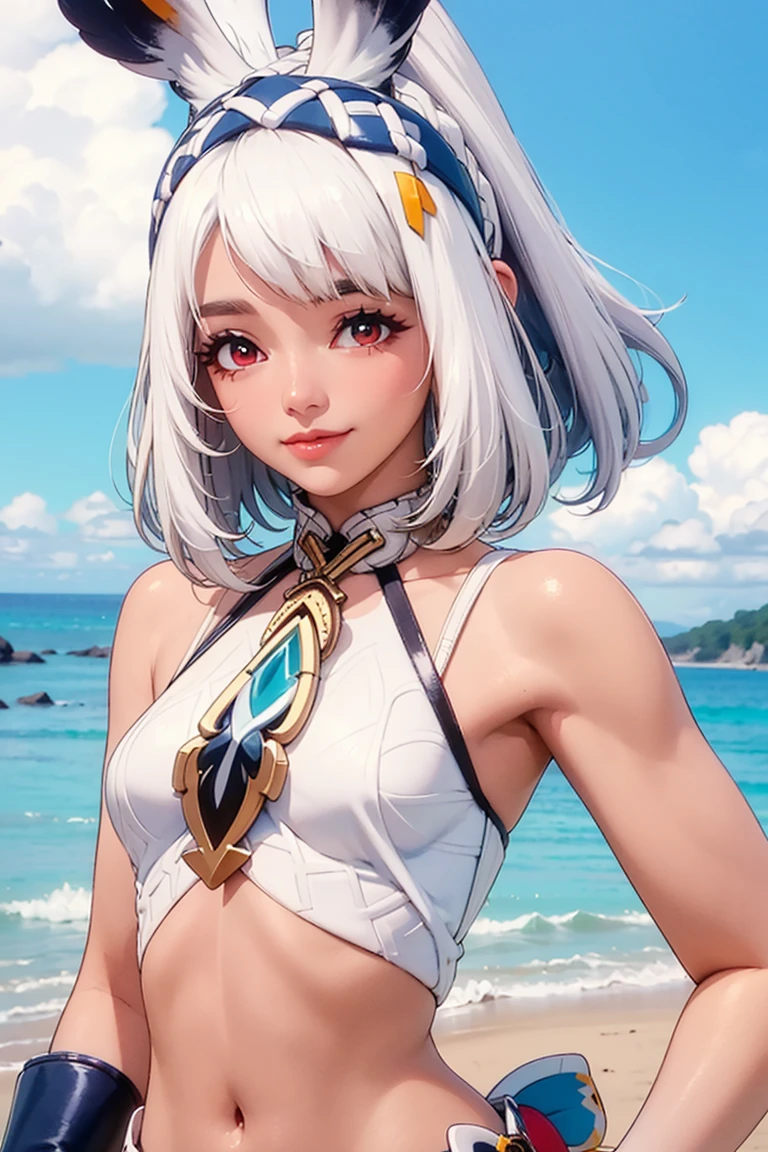 off the shoulder dress,a girl,swimsuit,white hair,Genshin,Paimon,genshin,Show your waist,Smile,portrait,sexy,lolita