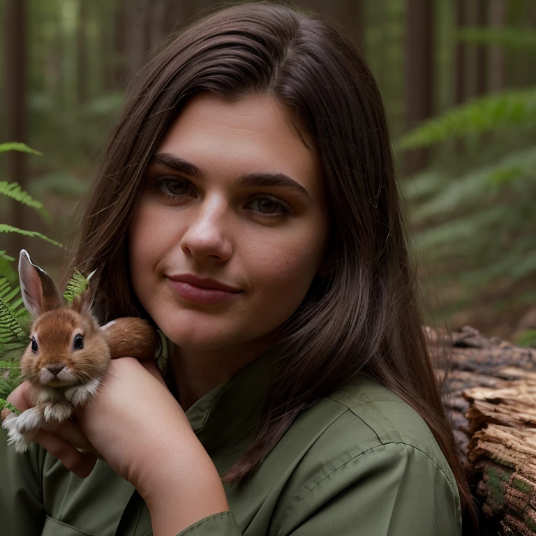 <lora:4mb3rf_76SD-000009:0.9>, a raw photograph of 21 year old beautiful(4mb3rf woman:1.1) as a (forest ranger),wearing a (fern green) ranger uniform,(holding a small rabbit:1.1),(sitting on a fallen tree log:1.2) along a hiking trail in a pine forest,(deer walking behind:1.1),(light streaking through the trees:1.2),babbling brook cascading behind,long brown hair,(face focus),(medium close up:1.3), (upper body),shallow depth of field,vignette,highly detailed,high budget,bokeh,cinemascope,epic,gorgeous,film grain,grainy, volumetric lighting