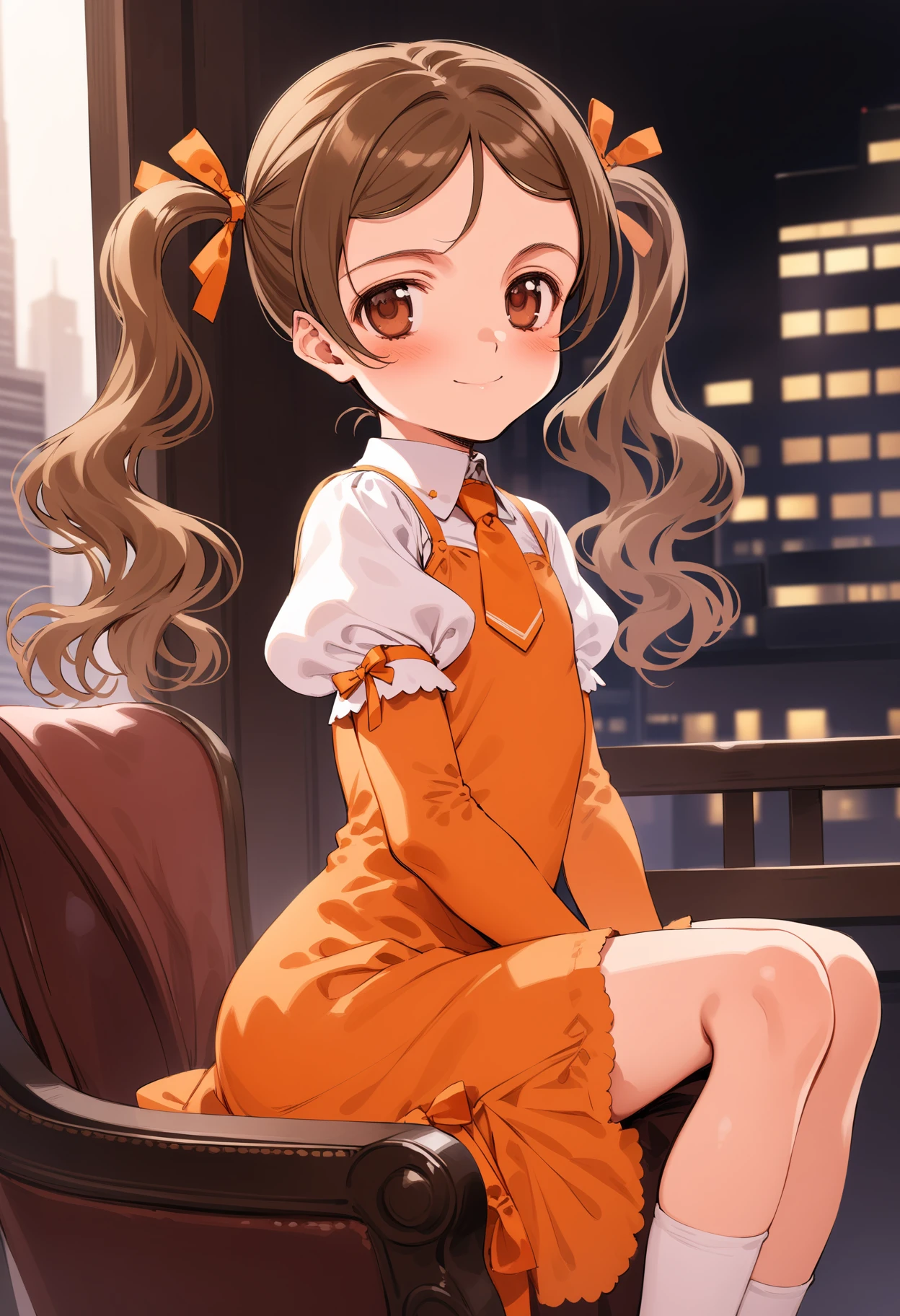 masterpiece,best quality,very aesthetic,absurdres,intricate details,1girl,
<lora:sayu_v1:1>,sayu,long hair,brown eyes,brown hair,
<lora:Fixhands_anime_bdsqlsz_V1:1>,indoor,city,Skyscraper,night,
looking at viewer,blush,long sleeves,white background,dress,necktie,puffy sleeves,parted bangs,red dress,juliet sleeves,orange dress,orange ribbon,orange necktie,sitting_on_chair,smile,, masterpiece,best quality, very aesthetic, absurdres, ultra detailed, high resolution, 4k, extremely detailed CG,