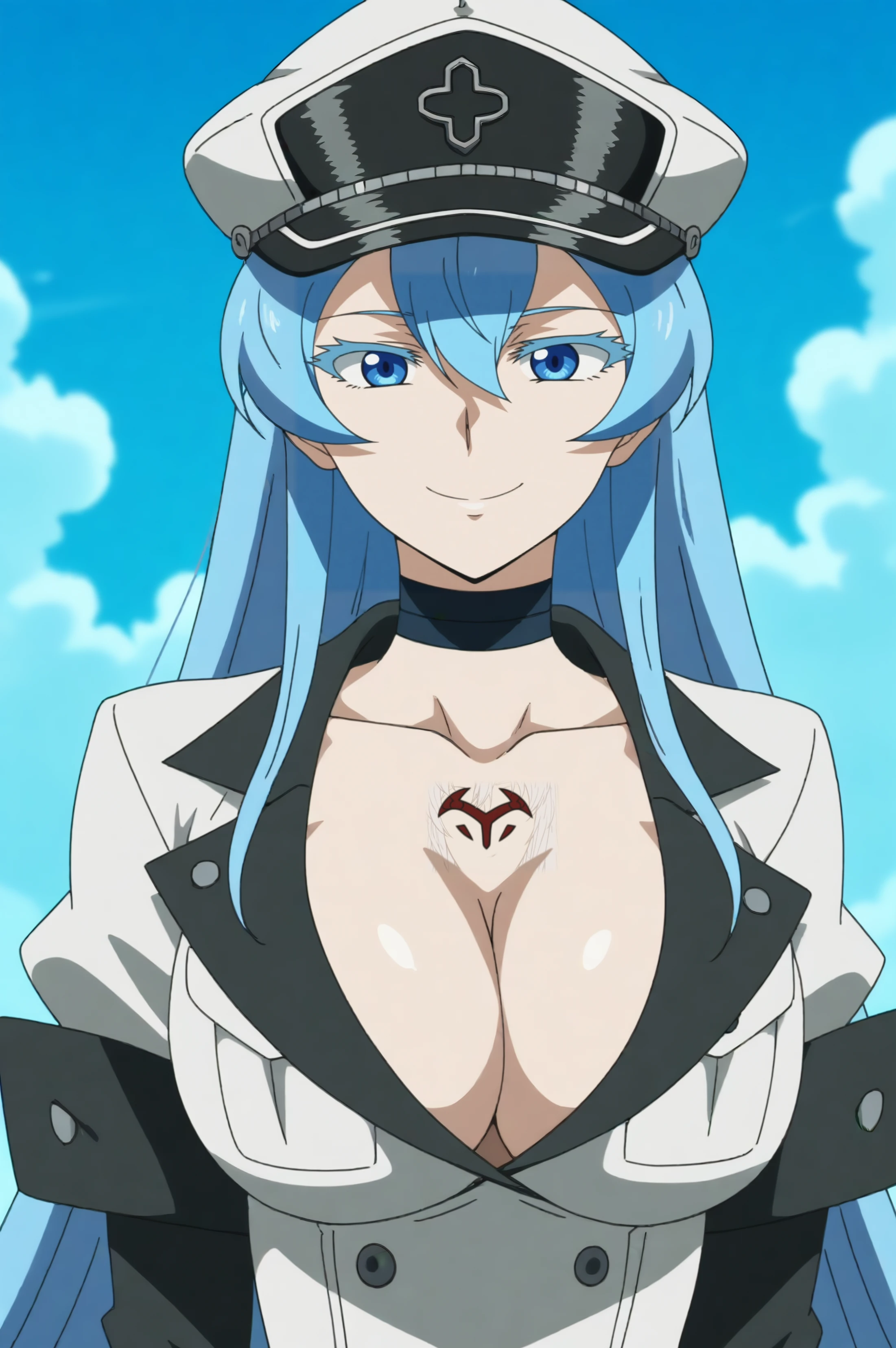 esdeath,anime screencap,1girl,solo,mature,long hair,breasts,hat,cleavage,large breasts,white uniform,military uniform,smile,hair between eyes,choker,very long hair,outdoors,sky,cloud,peaked cap,tattoo,chest tattoo,collarbone <lora:Esdeath - PDXL2.safetensors:0.8>