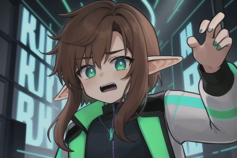 solo, 1boy, {{brown hair}}, {elf ears}, {{green eyes}}, green eyes, only green eyes,{white t-shirt, blue jacket, black pants},{purple soft light},{high saturation}, {{neon city background}}, cyberpunk background, cyberpunk city