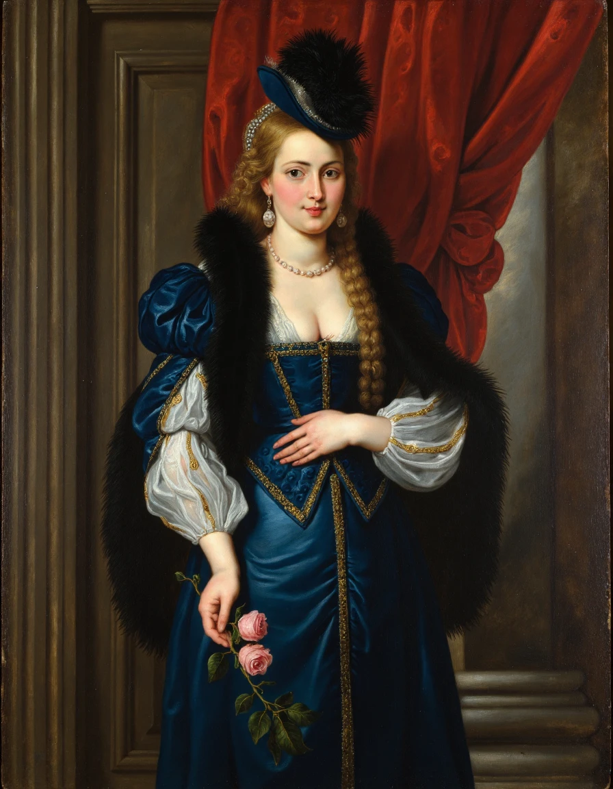 a painting by Rbns, The image portrays a woman from the Baroque period. She wears a blue dress adorned with intricate patterns and gold embellishments. The dress has puffed sleeves and is paired with a black fur-lined cloak. She accessorizes with a pearl necklace and a feathered hat. In her hand she holds a bouquet of pink roses., jewelry, holding flower, blonde hair, cleavage, long hair, earrings, looking at viewer, puffy sleeves, curtains, indoors