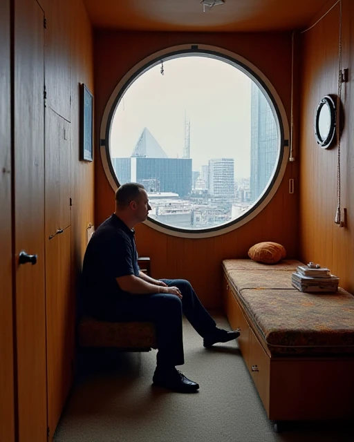 a photo of a man sitting inside an interior room of the Nakagin Capsule Tower <lora:ts_f1d_nakagincapsuletower_2000:1>