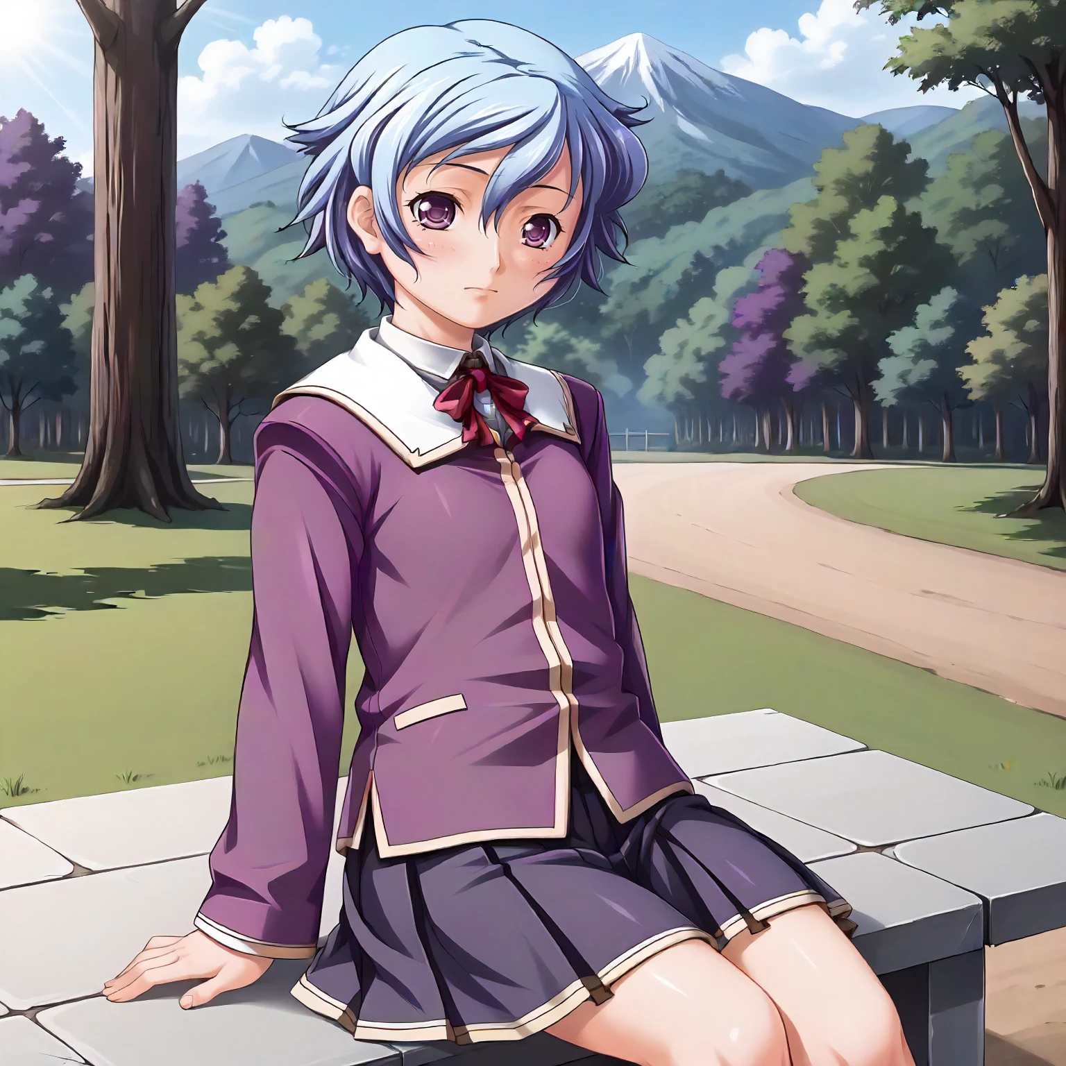 <lora:SDG_AkaneSakurazawaXLpony002>,
outdoors,nature,
solo,
AkaneSakurazawa,1girl,blue hair,short hair,purple eyes,
school_uniform,neck ribbon,purple jacket,
pleated_skirt,
sitting,