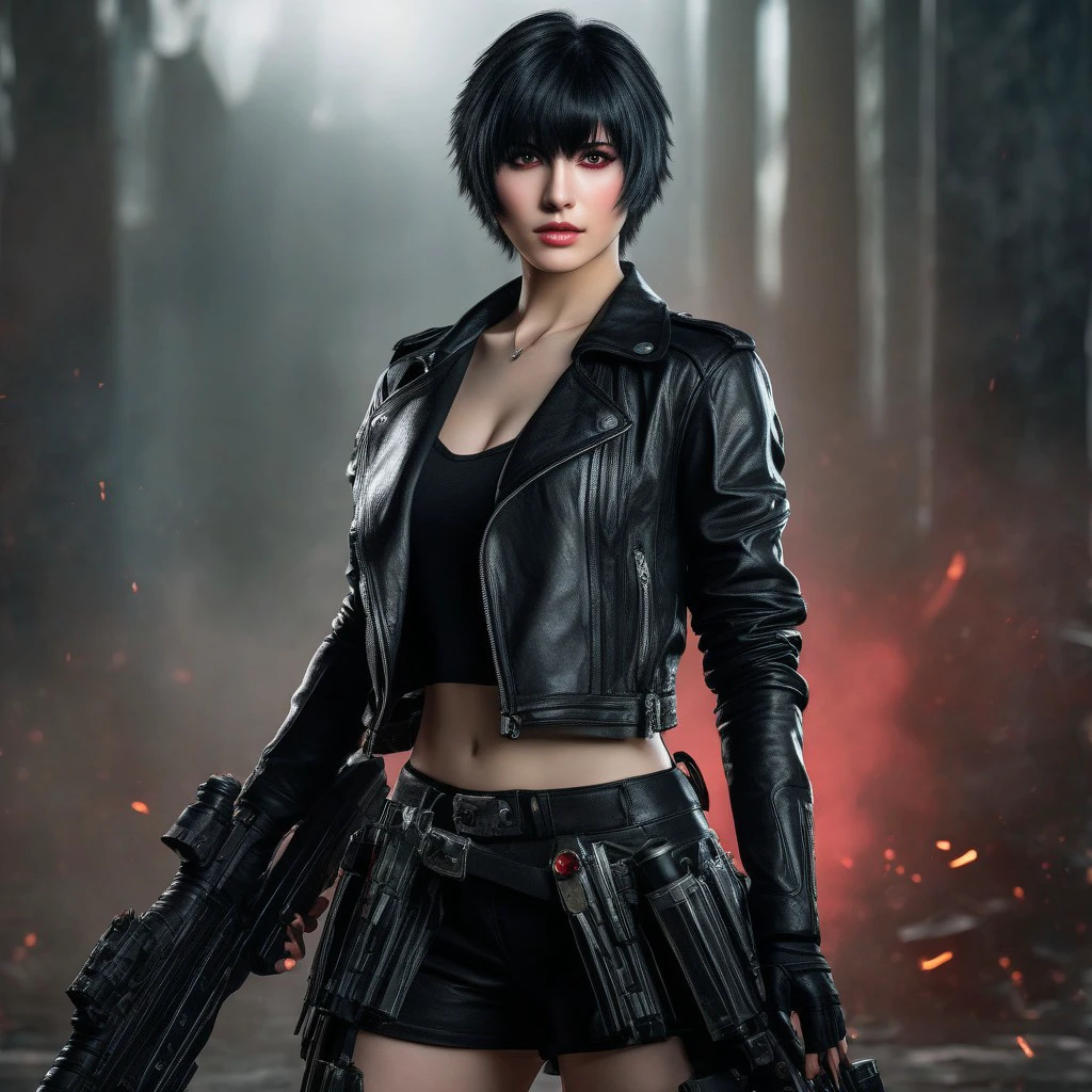 ultra hyper detailed Lady from Devil May Cry 5 video game with short black hair in a mini skirt and boots holding a giant weapon, ultra hyper detailed face features showing one green eye and one red eye, Heterochromia condition, full-cosplay, professional cosplay, Lady character from video game,anime cosplay, holding a giant weapon, Lady huge weapon from video game,fullbody wide shot, cinematic volumetric lighting, ultra hyper realistic image shot with Sony Fx6