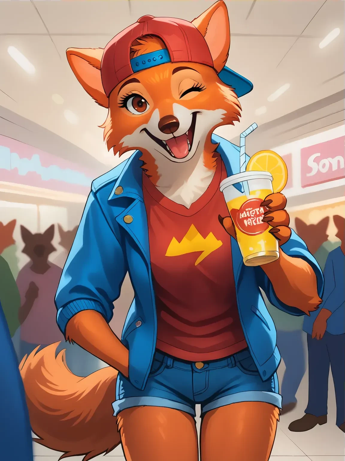 score_9, score_8_up, score_7_up, soft shading, soft lighting, detailed, semi-realistic, on model, MarianC, female, orange fur, brown eyes, brown nose, tail,
BREAK, cute, tongue out, red cap, backwards cap, blue jacket, denim shorts, flat chest, tshirt, happy, playful, excited, talking, holding drink, looking at viewer, wink, leaning forward, 1980s, 80s theme,
group, multiple characters, onlookers, crowded, crowd in background, crowd, shopping mall, blurry background,
<lora:Marian6:0.8>,